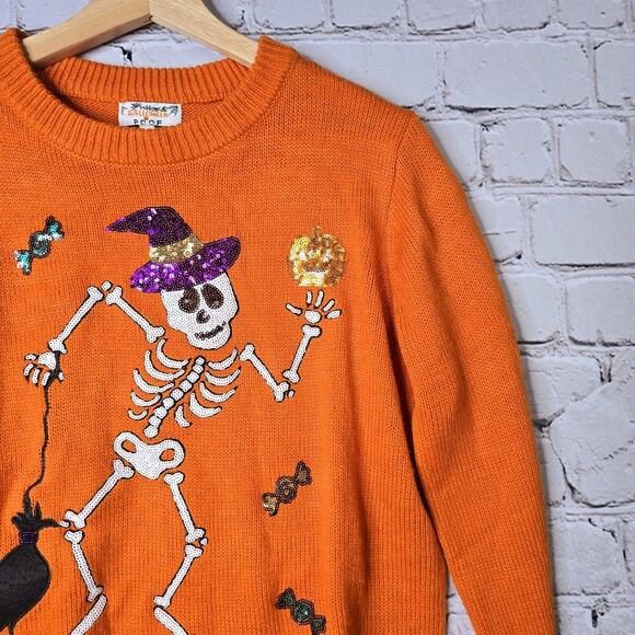 Halloween Poof Skeleton Witch Sequin Long Sleeve Crew Neck Knit Sweater Small - Picture 4 of 10